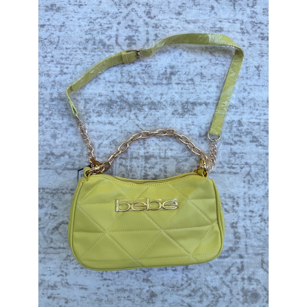Bebe Gia Crossbody Bag Lemon Yellow Quilted Faux Leather Gold Chain New